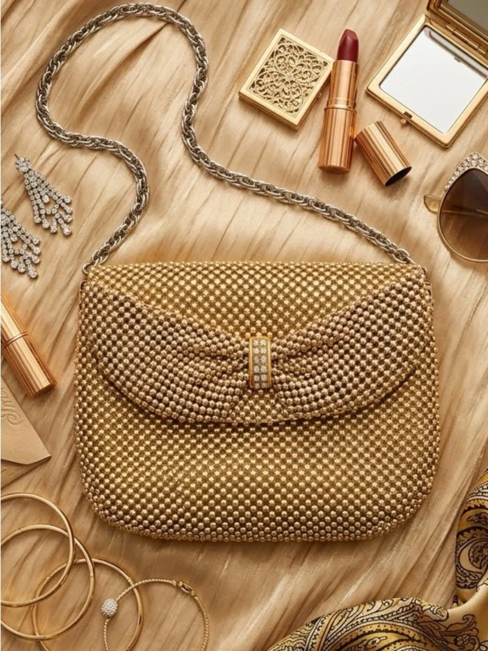 Bueno Gold Beaded Clutch with Chain Strap - Picture 2 of 11